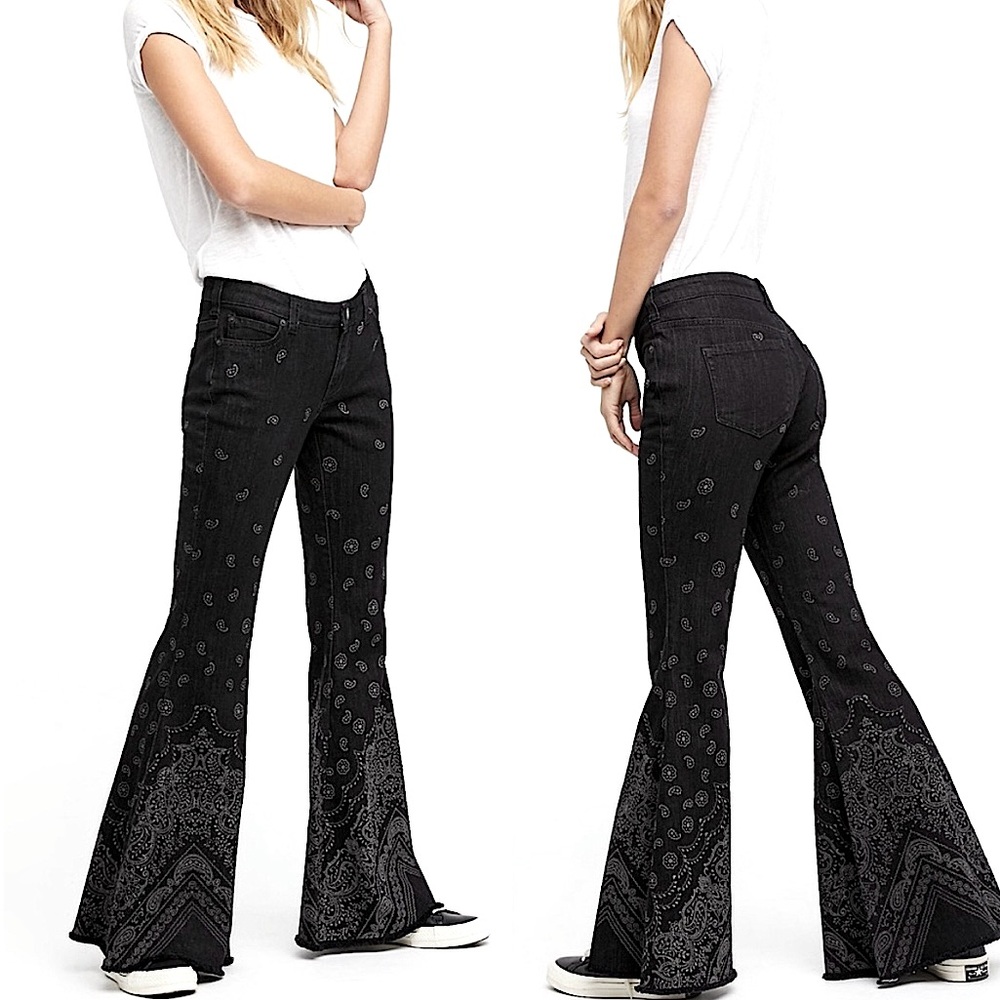 FREE PEOPLE Black Bandana Super Flare Jeans - Picture 5 of 14